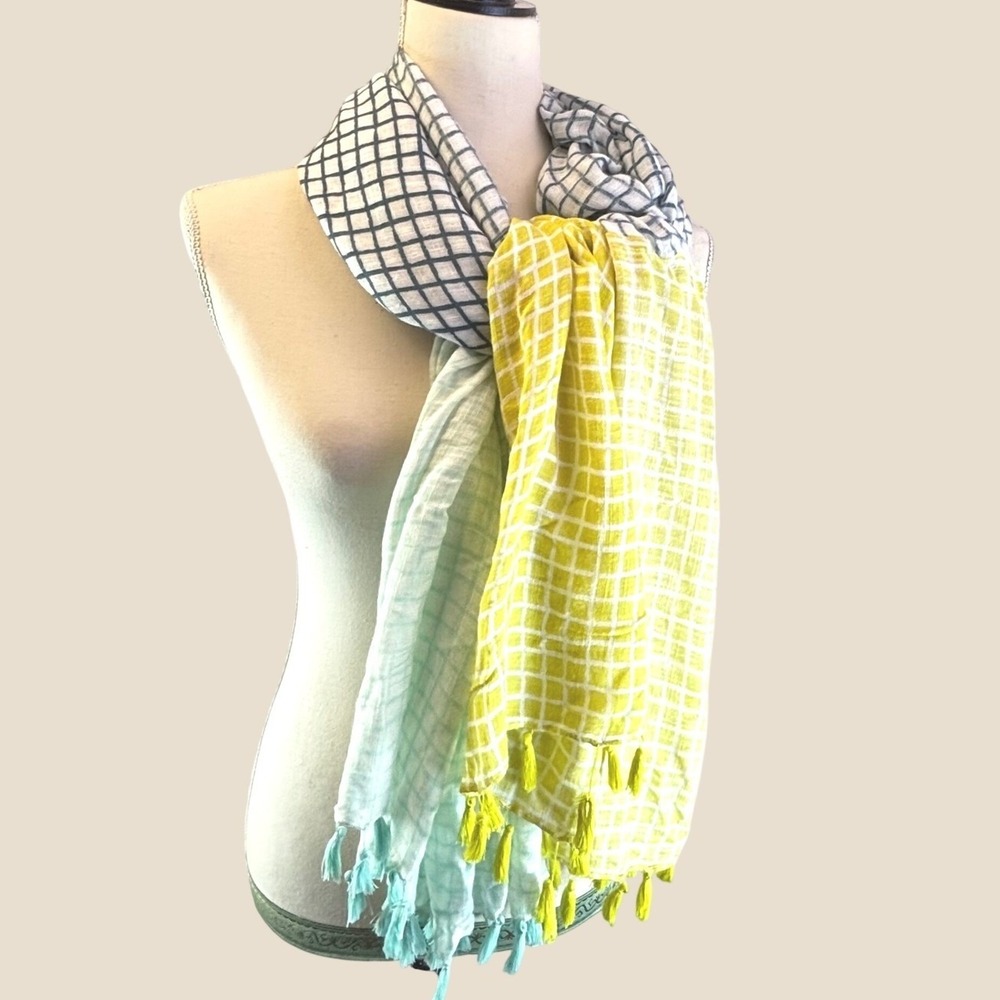 cotton Gauze Scarf Wrap Colorblock Grid Tassels Yellow Green Blue Sheer Large